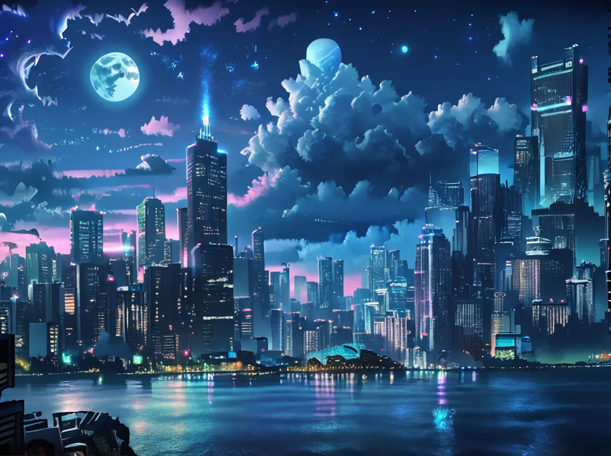 <lora:Aesthetics_Enhancer_pony:1>,score_9, score_8_up, score_7_up,BREAK
EnhanceImage,blue tone, scenery, sky, night, no humans, moon, cloud, night sky, cityscape, city, star (sky), outdoors, skyscraper, building, full moon, city lights, starry sky, water, skyline
