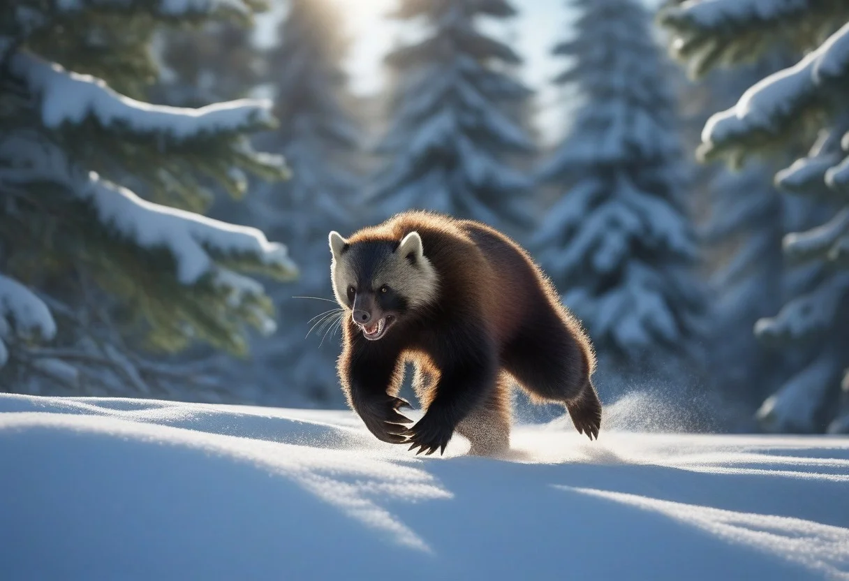 very realistic photograph of a wolverine running in the snow, forest background of pine, fir and white spruce and birch, blue sky with cirrus cloud and slightly hidden sun