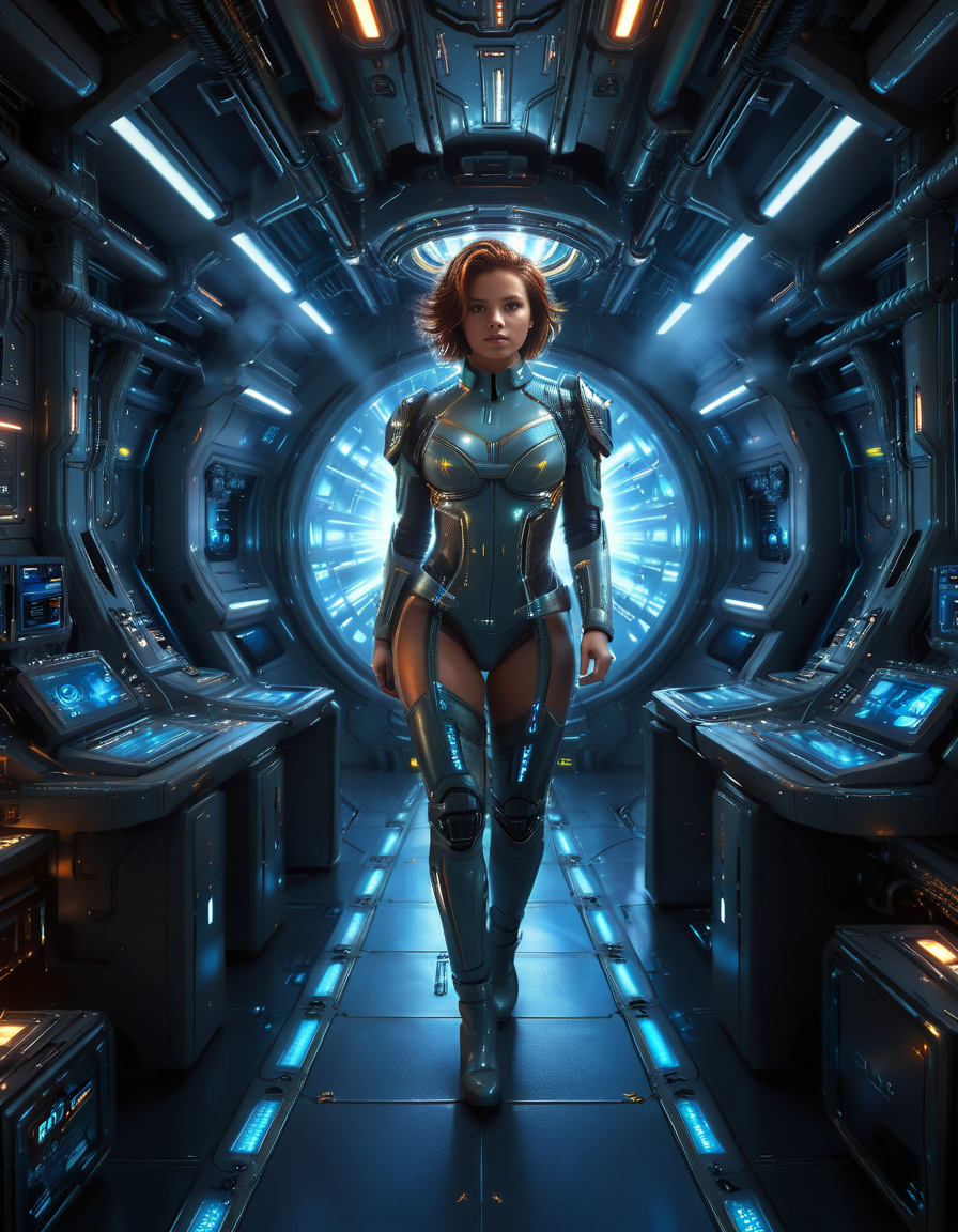 <lora:3ng1n3_r00m:1>,focus on woman,A highly detailed and cinematic depiction of a confident woman standing in the 3ng1n3 r00m of a futuristic spaceship. She is wearing a sleek and advanced space uniform, with a metallic sheen and intricate details like glowing blue energy lines running along the seams of her suit. Her uniform is form-fitting, with visible patches indicating her rank and position. She has short, neatly cut hair, a determined expression, and a calm yet commanding presence.
The engine room around her is illuminated by a mix of bright white and soft blue lights, reflecting off the polished metallic surfaces of the machinery. Massive, glowing energy cores pulse with light in the background, emitting a soft hum. Pipes, cables, and control panels surround her, each detailed with futuristic textures and glowing interfaces. The room feels alive with motion, as small holographic displays and robotic arms work automatically. The overall mood is futuristic, highly technological, and awe-inspiring, with sharp contrasts between the cold metallic surfaces and the warm light from the energy cores.
The image is rendered in a hyper-realistic and cinematic art style, with an emphasis on intricate details, dramatic lighting, and rich textures.<lora:SDXLFaeTastic2400:0.4> <lora:extremely_detailed:0.4> extremely detailed,, Masterpiece,best quality,hi res,8k,hi res,8k,award winning,(sharp focus, intricate, highly detailed),