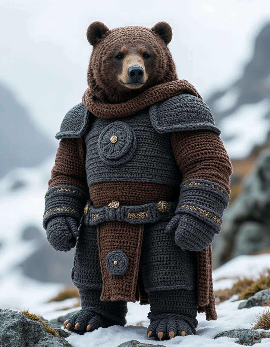 Depict a bear standing upright, clad in ral-kntarmr made of thick, crochet-style fabric in dark brown and gray. The armor is reinforced with woven shoulder guards, a chest plate, and leg coverings, featuring subtle gold trims. The bear stands in a snowy mountain setting, a symbol of strength and resilience
<lora:ral-kntarmr-flux:1>