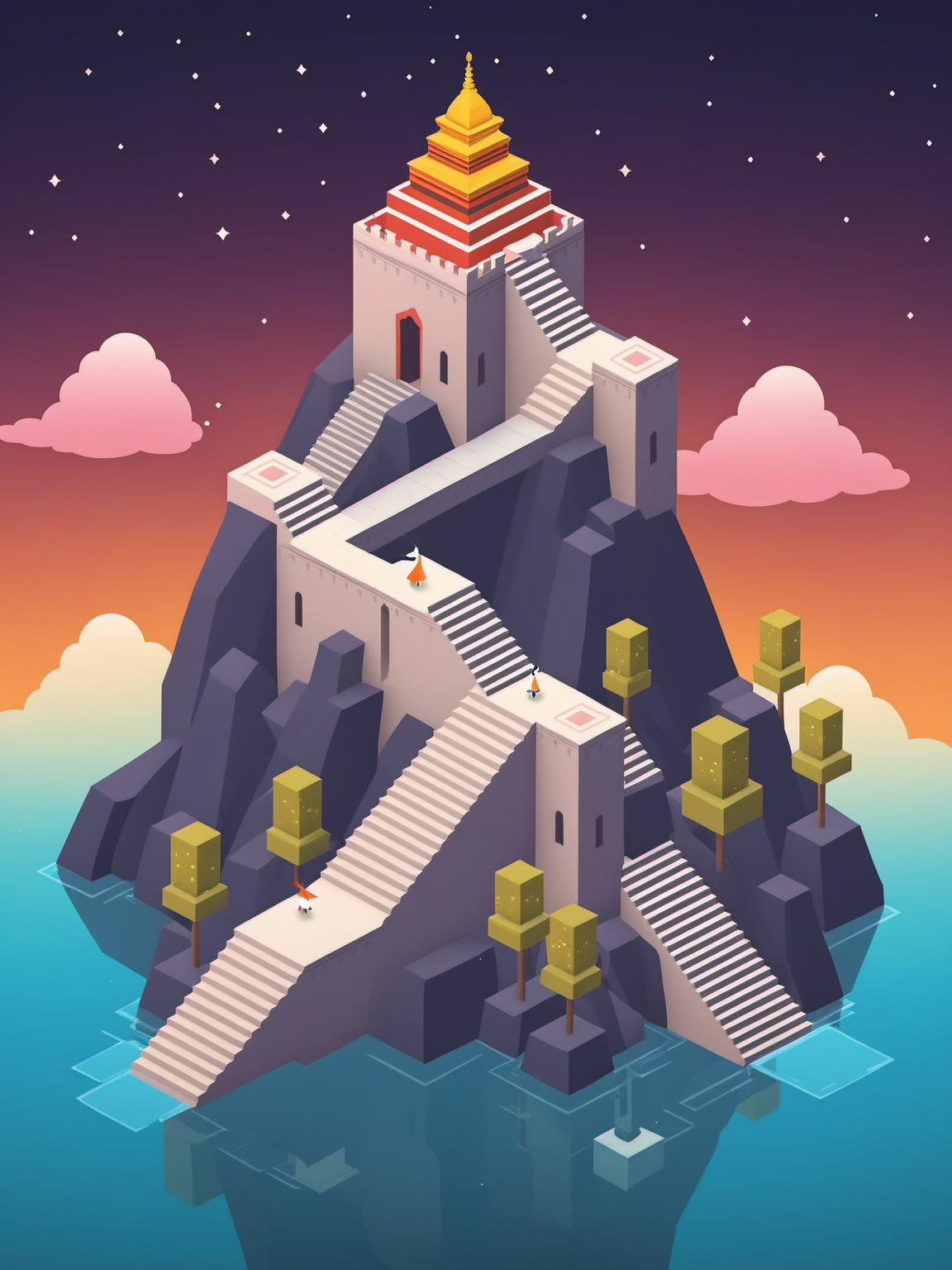 video game monument valley style,  Potala Palace, stairs, water, cloud,  trees, waterfall, gradient background, Night, starry sky,    <lora:Monument Valley style:0.8>