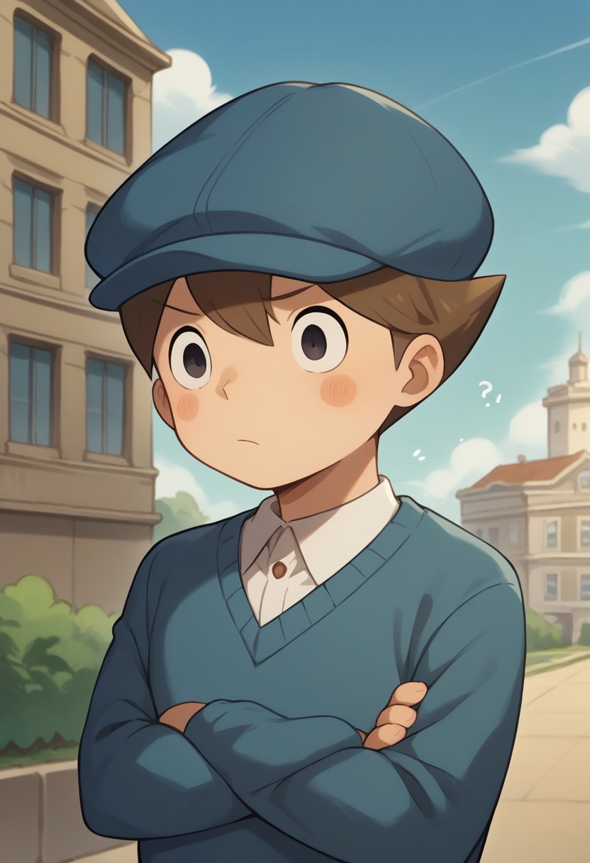 score_9, score_8_up, score_7_up, source_anime, highly detailed,
luke, 1boy, solo, male focus, black eyes, hat, blue headwear, brown hair, sweater, shirt, white shirt, blush stickers, 
outdoor, sky, building, crossed arms, confused, ?