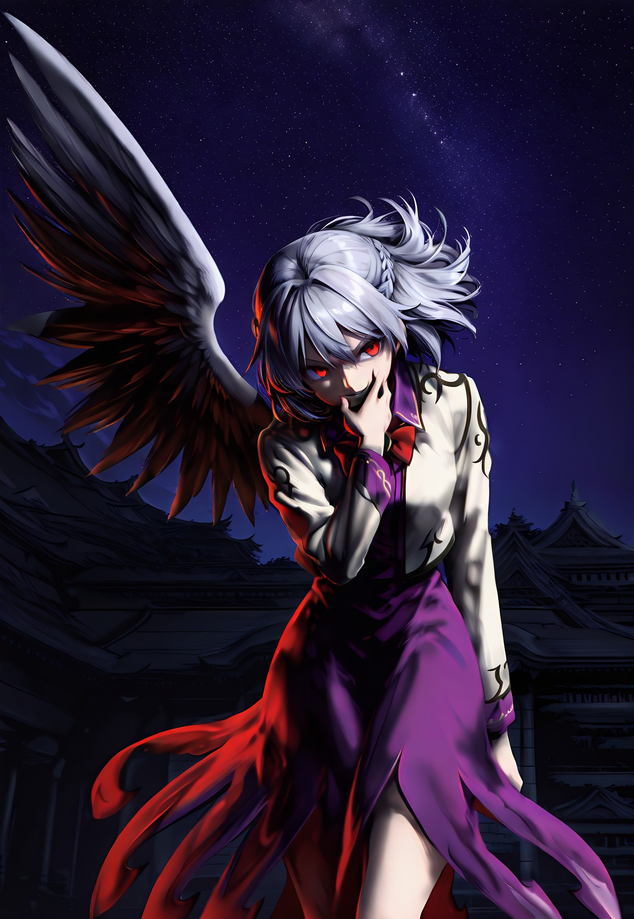 safe_pos, highres, absurdres, masterpiece, best quality, source_anime, kishin sagume, 1girl, solo, red eyes, grey hair, short hair, french braid, single wing, red bowtie, white jacket, long sleeves, purple dress, evil smile, dynamic pose, earth, starry sky, star, eastern architecture, night background