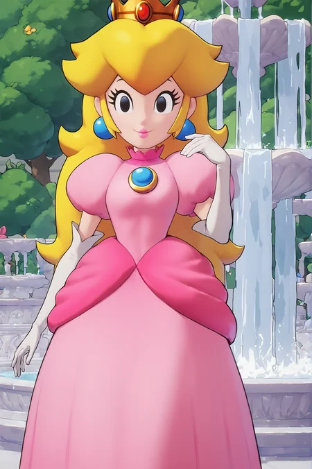 princess peach, black eyes, smile, in front of a fountain, 1girl, looking at viewer, cowboy shot, score_9, score_8_up, score_7_up, score_6_up, 1girl, solo,
<lora:PrincessPeach_MLBstyle2:1>