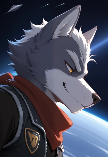 masterpiece,best quality, amazing quality, 1boy, solo, wolfSF, wolf boy, eyepatch, red scarf, black vest, pilot black shirt, close up, side angle, smug,
space, space ship,
