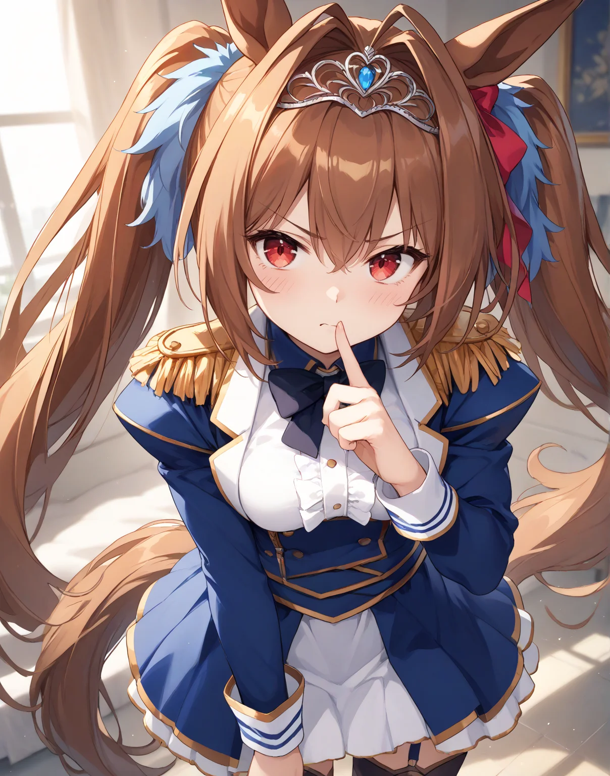 score_9, score_8_up, score_7_up, official art, masterpiece, high quality, megami magazine, official style, game cg, 1girl, (looking at viewer:1.4), (closed mouth:1.0), , amused, blush, finger to mouth, dutch angle, ,
Dasuka,horse tail, horse ears, brown hair, very long hair, bow, hair intakes, red eyes, <lora:Dasuka-ponyXL:1>,
Dasuka_Race, twintails, epaulettes, skirt, long sleeves, tiara, garter straps, thighhighs, ,
,