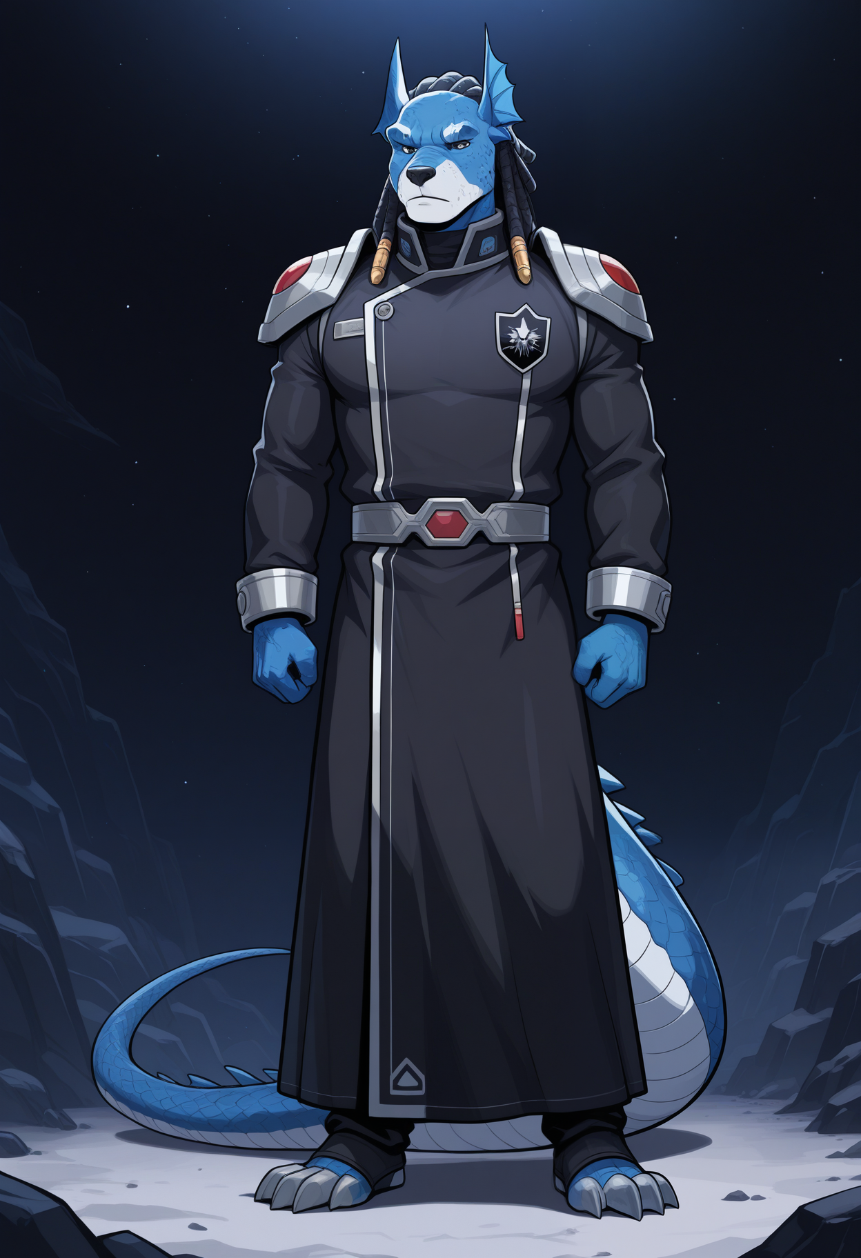 masterpiece,best quality,amazing quality, 1boy, solo, 4nub1sPR, furry, 1boy, blue scales, black dreadlocks, space robe, shoulder pads, badge, badge emblem, male focus, full body,