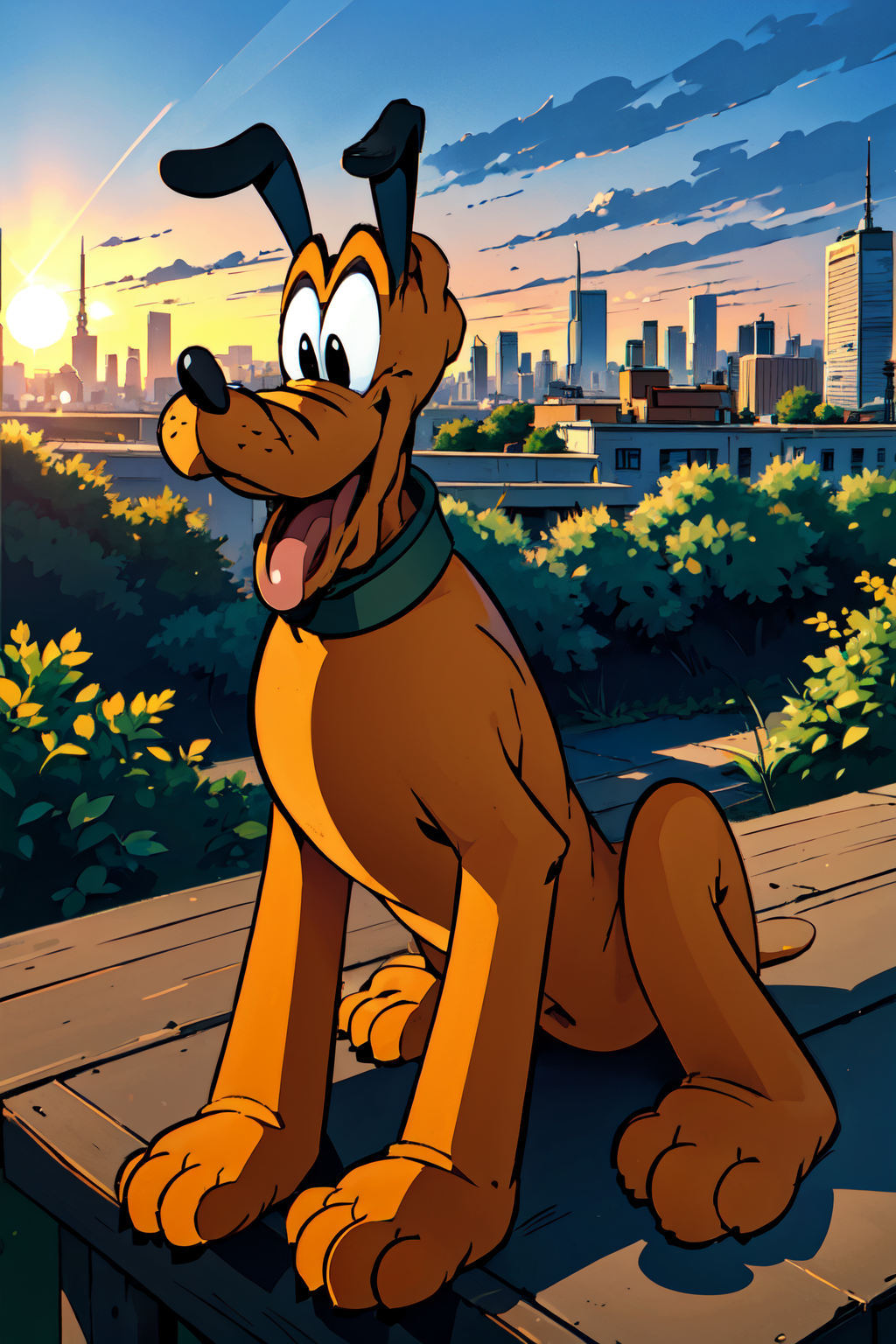 on a hill, city in background, sundown, ray of light, sitting,  highres, ultra detailed, sharpen picture, Highly detailed, masterpiece, best quality, no human
 <lora:plutoLoRA:1> collar, pokemon (creature), no humans, dog, tail, animal ears, rabbit ears