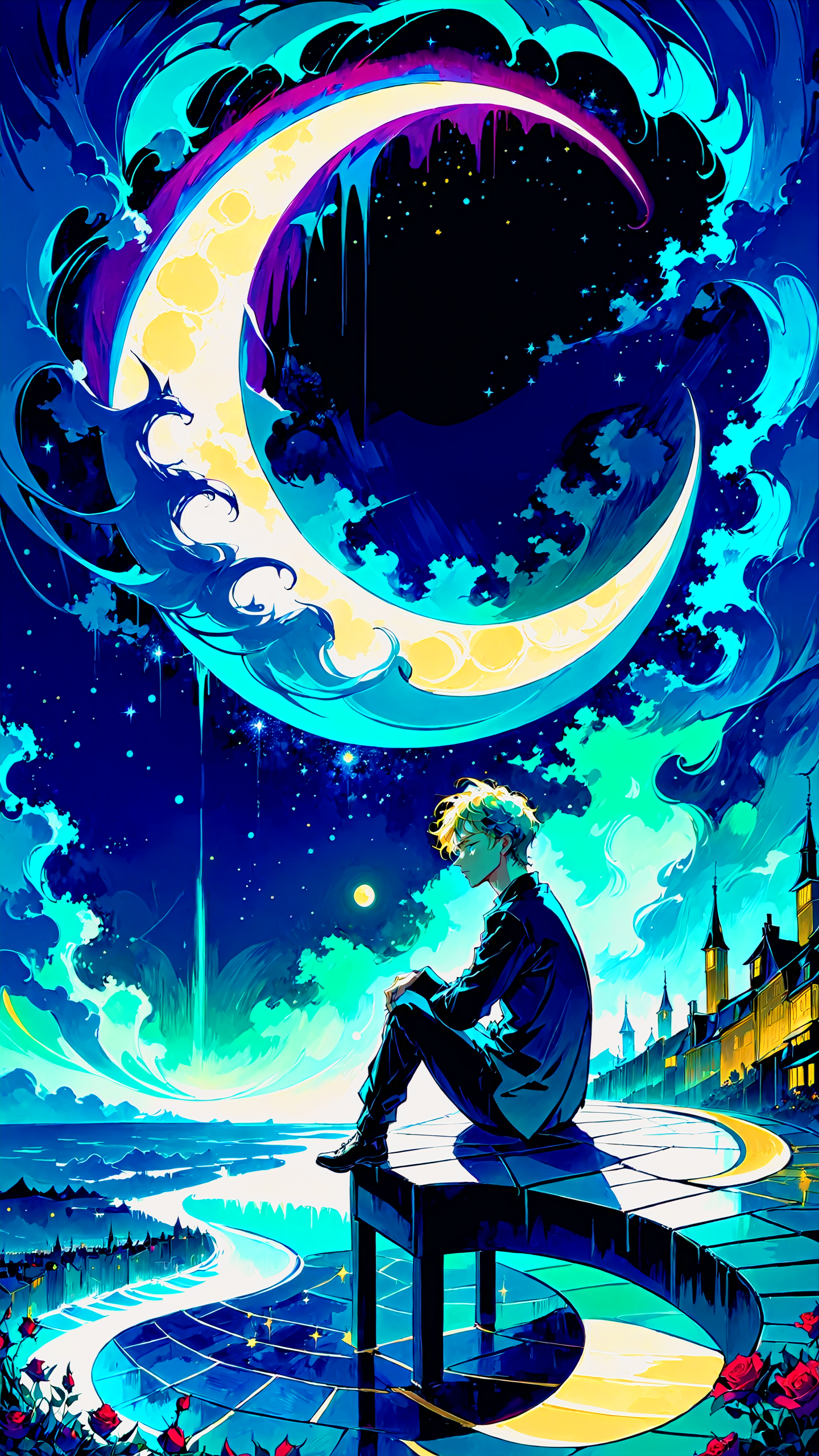 Vincent van Gogh sitting on a crescent moon in the sky looking at the starry nights, (Schizowave), <lora:Schizowave:1.4>