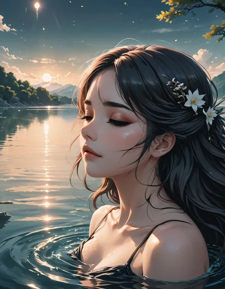 anime girl in a bathing in an epic lake, enjoying, sultry, eyes closed, beautiful scene, dreamy, cinematic, (closed eyes)