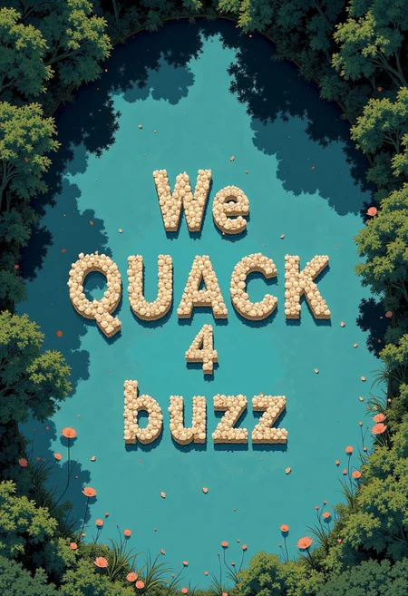 An aerial view of a serene, mirror-like pond dominates the scene, its surface an intense, pale blue that reflects the clarity of the sky above. The smooth expanse of water is interrupted by the striking, meticulously organized formation of an enormous swarm of pure white ducks. The ducks are arranged with an almost mathematical precision to spell out 'We QUACK 4 buzZ' in bold, capital letters, their placement so exact that it evokes a sense of awe and mystery. Each duck appears perfectly aligned, their vivid white plumage creating a stark contrast against the pond’s tranquil blue surface.
Scattered across the edges of the pond are delicate lotus flowers, their soft hues of pink and white providing subtle accents without detracting from the commanding focus of the duck formation. The precision of the letters "QUACK", seemingly at odds with the natural surroundings, draws the viewer’s eye immediately to the center of the composition. The surreal nature of the scene is heightened by the unnatural alignment of the ducks, as if orchestrated by an unseen force, blending a sense of calm with an eerie, almost authoritarian undertone.
The surrounding forest, though dense and verdant, is intentionally understated, acting as a soft frame to accentuate the pond and the striking pattern of the ducks is adding a painterly texture to the hyper-realistic details of the scene.
