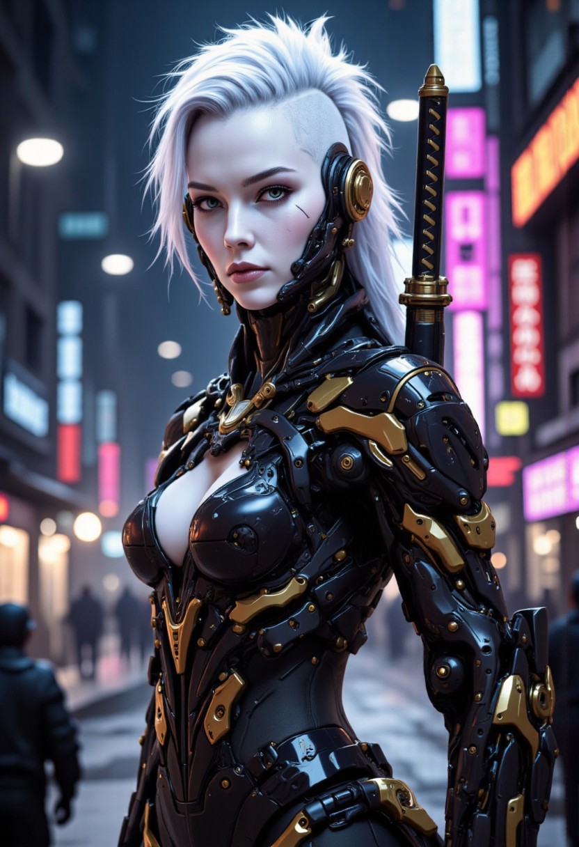 high angle camera view from above and at a distance, realism, skin texture style, Photo Quality Gorgeous Female Face, Ultra Pale Extremely White Skin, Tall White Mohawk Hair Punk Style with sides of head shaved, detailed facial expression, High details face, High detailed Eyes, Full Body view, Mecharmor, futuristic, Jet Black with Very Dark Gold Trim Exosuit, Heavy Mech, Dynamic Aggressive Combat Pose, busty breasts, Cleavage with Covered Nipples, Exosuit, Extremely Low V cut top, Power Armor, futuristic, Tactical Futuristic Samurai Sword, Perfect hand, Heavy Mech, Armor Color Jet Black with Very Dark Gold Trim, Robot, Full body, Ready to strike, futuristic, (off-center composition, left aligned, Portrait),  Detailed hand, battle-worn, Gothic Neon Cyberpunk Night City Cityscape Background, cinematic film still glamorous photo dark art by Rafael Zabaleta, expressionism art by Asger Jorn, vibrant, Abstract expressionism, experimental painting techniques, bold bright colors, dynamic compositions, Expressionism, emotive brushwork, brilliant tones, dramatic lighting, introspective themes. high fashion, luxurious, extravagant, stylish, sensual, opulent, elegance, stunning beauty, professional, high contrast, detailed. shallow depth of field, vignette, highly detailed, high budget, bokeh, cinemascope, moody, epic, gorgeous, film grain, grainy