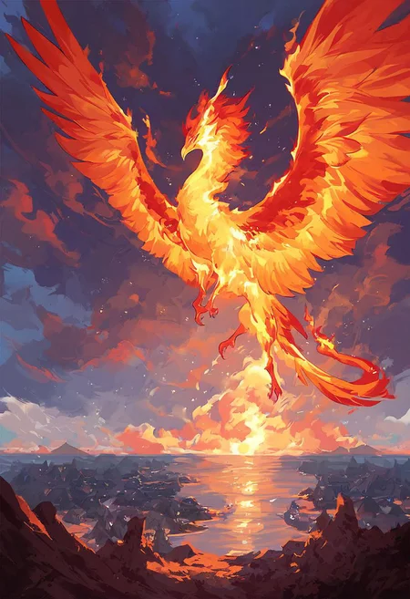 score_9, score_8_up, score_7_up, ocean of fire, rising phoenix bird, burning, long burning tail, burning wings, magenta feathers, red clouds, large wings, bright flames, dark fantasy, dark night, landscape, hell, inferno