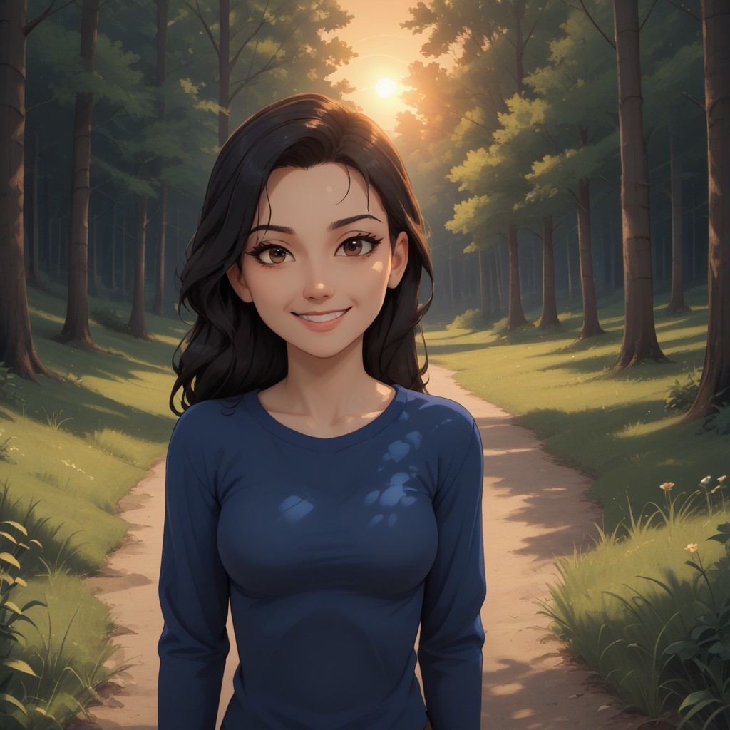 score_9, score_8, BREAK, solo, Mary_Wang_(Tales_of_Arcadia), 1girl, black hair, brown eyes, asian female, blue long sleeves shirt, self portrait, smile, looking at viewer, outdoors, sunlight, shadows, evening lighting, natural lighting, forest, trees, grass, orange sky, sunset