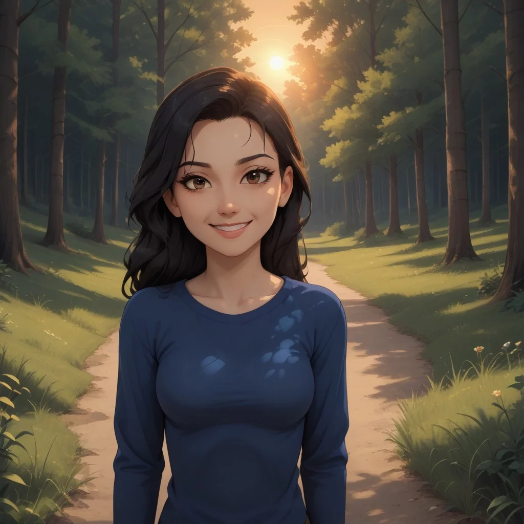 score_9, score_8, BREAK, solo, Mary_Wang_(Tales_of_Arcadia), 1girl, black hair, brown eyes, asian female, blue long sleeves shirt, self portrait, smile, looking at viewer, outdoors, sunlight, shadows, evening lighting, natural lighting, forest, trees, grass, orange sky, sunset