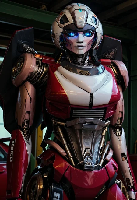 score_9, score_8_up, score_7_up, screencap, detailed eyes, arceerotb, autobot, 1girl, red and white body, mechanical parts, robot, helmet-like head, robotic face, glowing blue eyes, autobot symbol on forehead, fairing-like chest, wheels on back, 'ducati' printed on right leg, narrow waist, unique pose, sunny