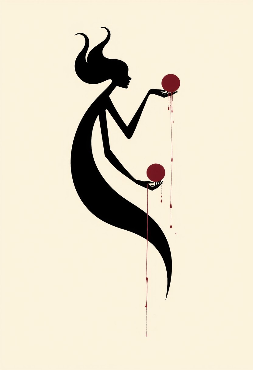 Flat colour ff-fbs style image, Slomesty, this image is a stark black-and-white composition with a single muted red accent. The Art Nouveau curves remain, but stripped to their essential forms, creating a clean, almost graphic silhouette with bold, flowing contours. The elongated, stylized woman is a sleek, faceless entity, her body reduced to smooth, unbroken shapes, the details suggested only by contrast. Her hair is a single continuous wave of black, merging seamlessly with the negative space, like ink spreading through water.
She hovers in mid-air, viewed from the side, her delicate, shadowed fingers gently cradling a single, deep-red sphere in front of where her face should be. The sphere is the only colored element, its surface impossibly smooth, radiating a quiet presence. Thin, black tendrils extend subtly from her fingertips, barely visible against the void, as if her very essence is merging with the object—an intimate moment of silent contemplation, where meaning is conveyed through simplicity and contrast alone.