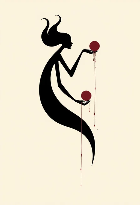 Flat colour ff-fbs style image, Slomesty, this image is a stark black-and-white composition with a single muted red accent. The Art Nouveau curves remain, but stripped to their essential forms, creating a clean, almost graphic silhouette with bold, flowing contours. The elongated, stylized woman is a sleek, faceless entity, her body reduced to smooth, unbroken shapes, the details suggested only by contrast. Her hair is a single continuous wave of black, merging seamlessly with the negative space, like ink spreading through water.
She hovers in mid-air, viewed from the side, her delicate, shadowed fingers gently cradling a single, deep-red sphere in front of where her face should be. The sphere is the only colored element, its surface impossibly smooth, radiating a quiet presence. Thin, black tendrils extend subtly from her fingertips, barely visible against the void, as if her very essence is merging with the object—an intimate moment of silent contemplation, where meaning is conveyed through simplicity and contrast alone.