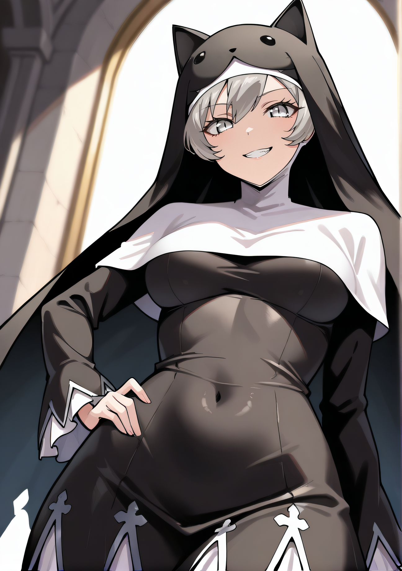 masterpiece, best quality, highres, newest, 1girl, solo, official style, <lora:IL_Sistermon_Noir:1>, sistermonnoir, nun, looking at viewer, smile, indoor, cowboy shot, hand on hip, teeth, grin