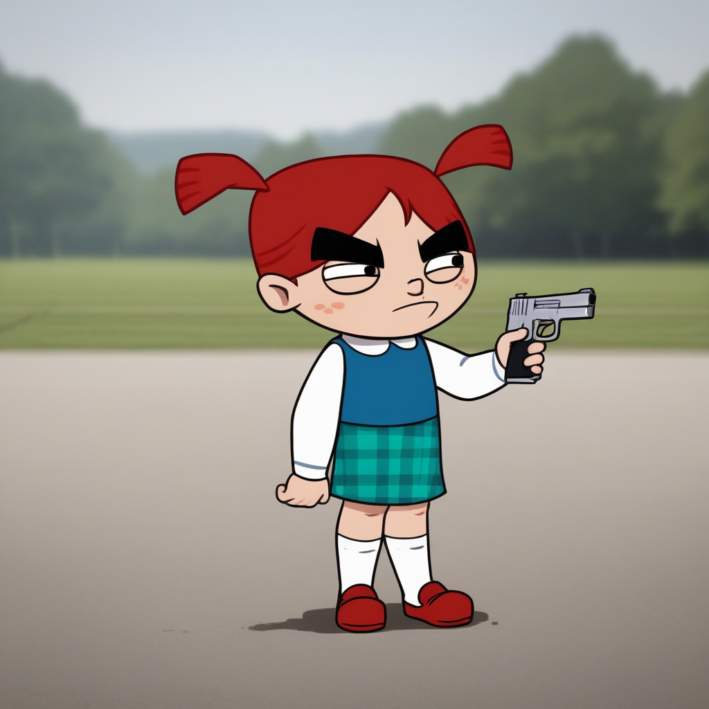 score_7_up, BREAK, Gina ,1girl, solo, red hair, twintails, black eyes, thick eyebrows, shirt, white sleeves, blue vest, long sleeves, plaid skirt, white socks, red footwear,    <lora:Gina_FAI_PXL_Leaf1:1>, outdoors, blurry background, holding  silver handgun,