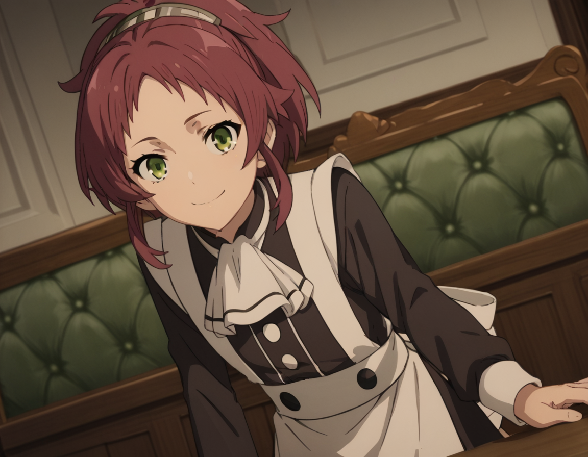 score_9, score_8_up, score_7_up, source_anime,
aishagreyrat, <lora:aisha-greyrat-s2-ponyxl-lora-nochekaiser:1>,
aisha greyrat, green eyes, ponytail, red hair,
long sleeves, apron, maid, ascot, white apron, white ascot,
indoors, bent over, smile,
solo, dutch angle, looking at viewer, cowboy shot,