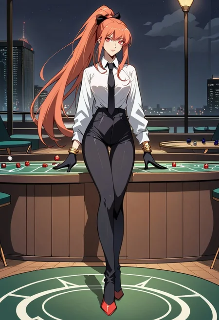 safe_pos, score_9, score_8_up, score_7_up, 1girl, night, indoor, in a casinò, full body, dynamic shot, from high, long legs standing behing a poker table, green table, solo, dynamic pose, Feng Ling, orange hair, red eyes, medium breast, long hair, ponytail, black pants, white shirt, long sleves shirt, black gilet, black neck tie, red heels, gold slim bracelets, black gloves, looking at the viewer, long legs, nice legs, white hips ultra detailed, masterpiece, <lora:add-detail-xl:1>, <lora:StS_PonyXL_Detail_Slider_v1.4_iteration_3:4>