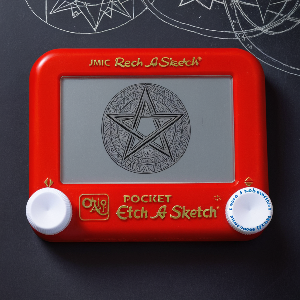 A photo of a red Etch A Sketch toy. The toy is laying on a dark background. The screen of the Etch A Sketch has a drawing of a pentagram.  <lora:Etch_A_Sketch-000009:1>