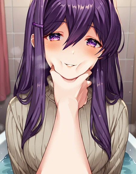 score_9, score_8_up, score_7_up, source_anime, <lora:ddlc-yuri-ingame-ponyxl-lora-nochekaiser:1>, yuri, yuri (doki doki literature club), hair ornament, hairclip, long hair, purple eyes, purple hair, hair intakes, hair between eyes, sidelocks, medium breasts,, long sleeves, pants, sweater, turtleneck, black pants, ribbed sweater, turtleneck sweater,, bathtub, water, bubbles, steam, towel, smile, <lora:pov-cheek-grabbing-ponyxl-lora-nochekaiser:1> pov cheek grabbing, pov cheek grabbing (meme), meme, squeezing cheeks, pov hands, cheek squash, face grab, pov, blush, parted lips, bed room,, cowboy shot, looking at viewer,, looking at viewer, solo,, dutch angle, cowboy shot