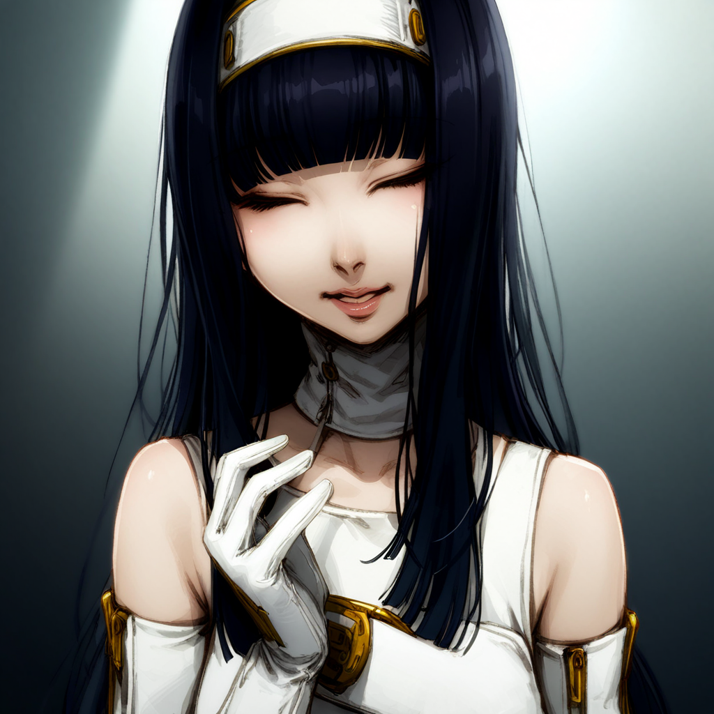 masterpiece, best quality, very aesthetic, yuriko, long hair, black hair, blunt bangs, gloves, black eyes, white gloves, lips, dress, hairband, elbow gloves, bare shoulders, closed eyes, light smile, motionless