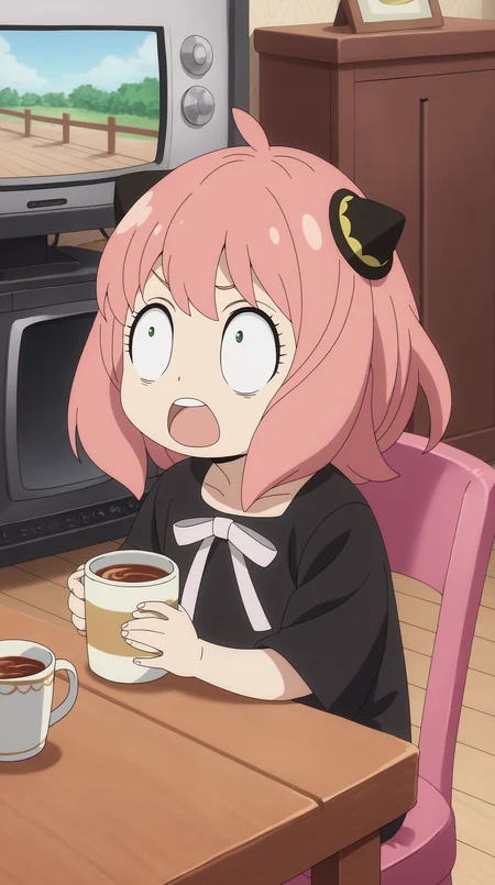 score_9, score_8_up, score_7_up,anime_source, source_anime, best background, detailed background, anime screencap, 4k, upscale, anya forger, Main Outfit, rating safe, solo, open mouth, holding, sitting, upper body, teeth, indoors, :o, cup, upper teeth only, chair, table, looking up, holding cup, surprised, wide-eyed, wooden floor, mug, black border, television, stool, coffee, coffee mug, on stool <lora:JN_Anya_Forger_Pony:0.8>