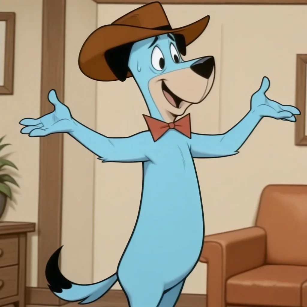 masterpiece, best quality, amazing quality, hucklehound, male, furry male, anthro, solo, dog, blue fur, black eyes, tan muzzle, black nose, droopy ears, tail, red bowtie, cowboy hat, standing, nervous, smile, open mouth, hands up, indoors, living room