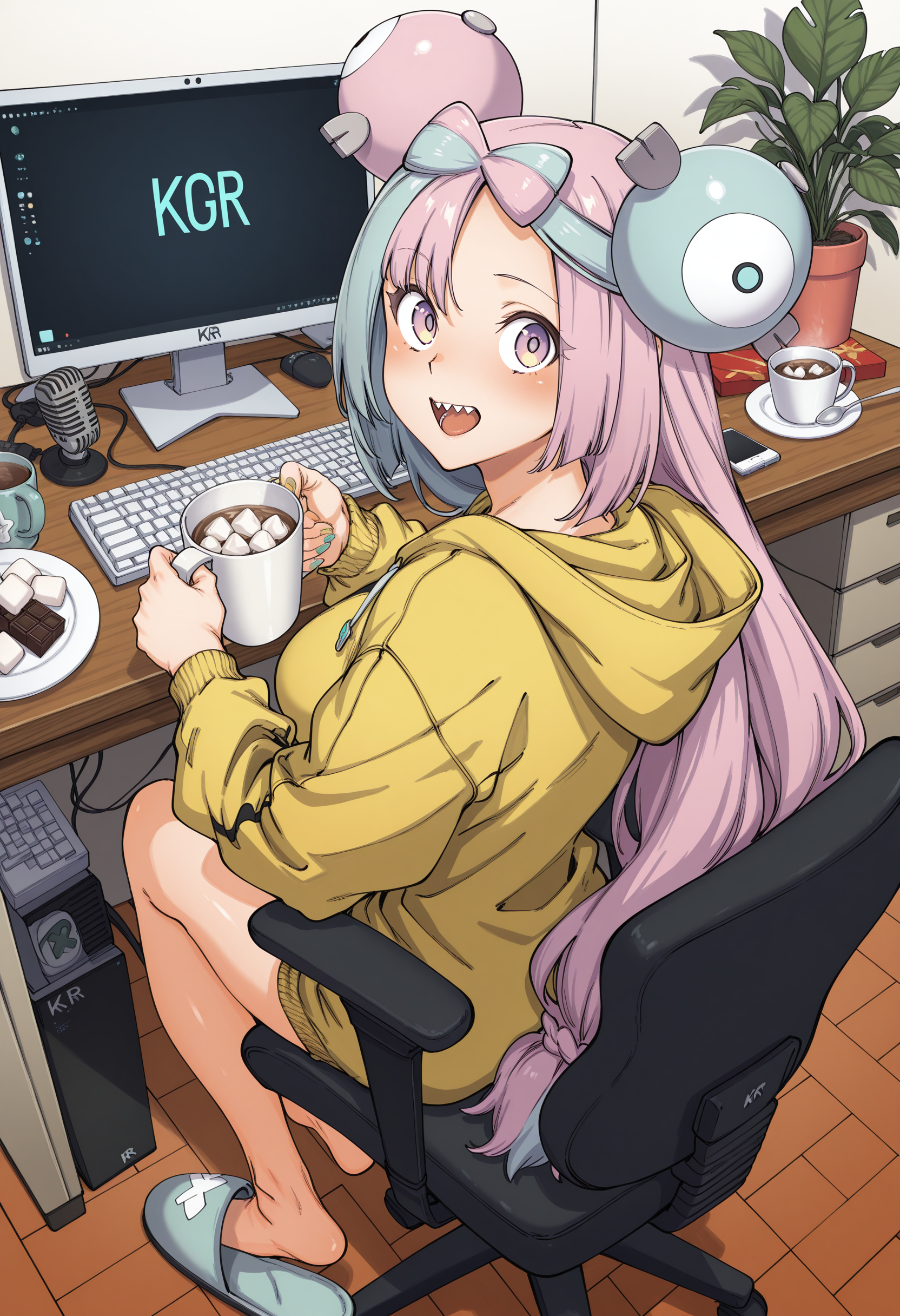 <lora:krohoshisama:1>, kr ohoshisama style,masterpiece, highres, absurdres,amazing quality, best quality, detailed background, 8k, 1girl, iono (pokemon),blush,box,box of chocolates,braid,breasts,cellphone,computer keyboard,computer mouse,controller,cup,fingernails,food,from above,game controller,holding,holding cup,hood,hoodie,hot chocolate,large breasts,legs,looking back,marshmallow,microphone,monitor,mug,nail polish,open mouth,phone,plant,plate,ribbon,slippers,smartphone,solo,spoon,swivel chair,unworn slippers,upturned eyes