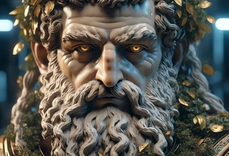 Ancient Greek Zeus, cyborg, weathered face, glowing circuits, beard, laurel wreath (metal), highly detailed, intricate, portrait, cinematic lighting, hyperrealistic, 8k,