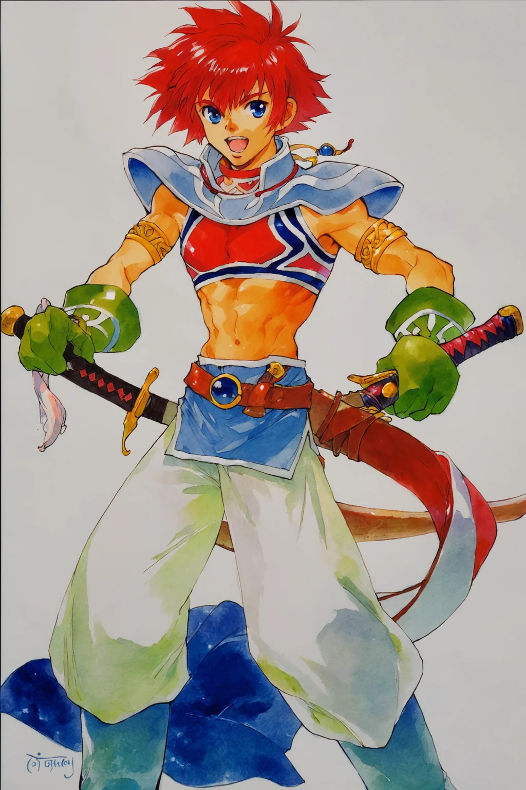 score_9,score_8_up,score_7_up,
Rid Hershel(Tales of Eternia),solo,1boyl,weapon,sword,gloves,blue eyes,boots,short hair,red hair,midriff,white background,open mouth,simple background,armlet,belt,standing,traditional media,retro artstyle,watercolor (medium),
<lora:Inomata Mutsumi_XL_PONY:0.8>,