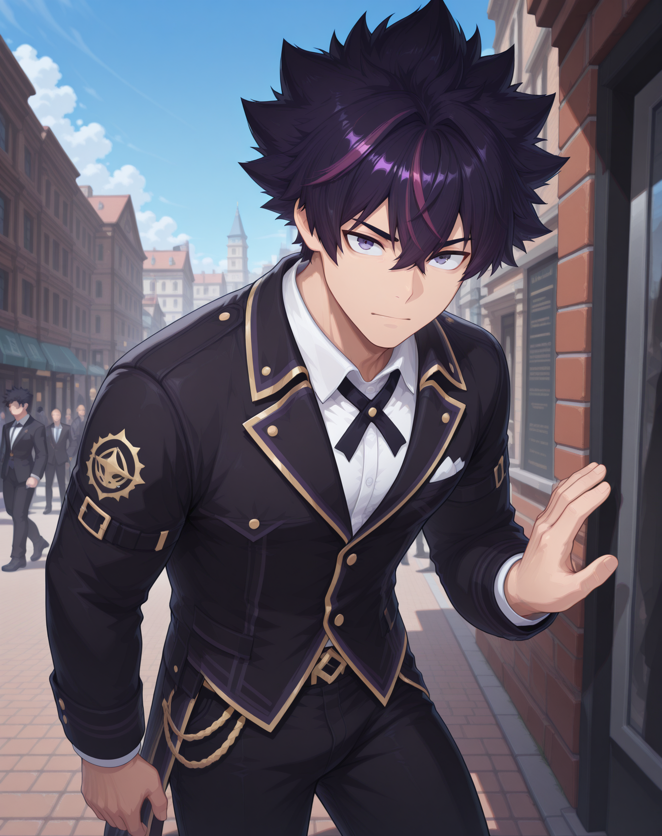 masterpiece,best quality,amazing quality, newest, very aesthetic, absurdres,
1boy, solo, yaoi, male focus, looking at viewer, cowboy shot, standing,
 <lora:Sieghart_Old_Limit_Break_ilxl:1> siegolb, spiked hair, black hair, greyeyes, short hair, purple hair, multicolored hair, hair between eyes,
formal, tuxedo, neck ribbon, white shirt, collared shirt, black pants, shoes, black footwear, suit jacket, black jacket,
outdoors, day, blue sky, building, people,
