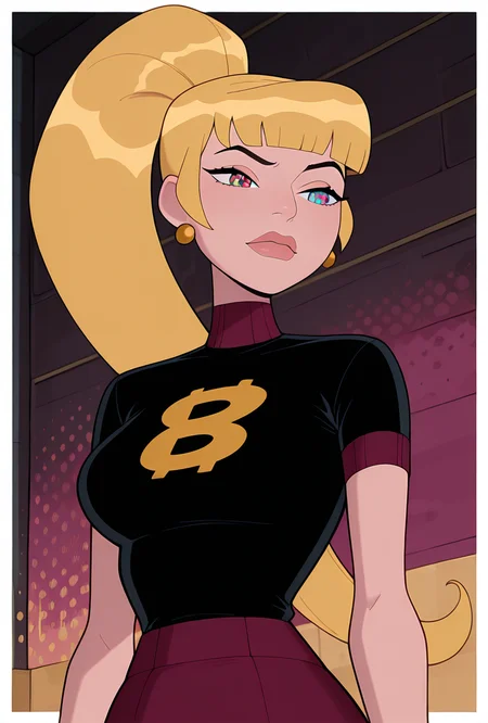 <lora:mazuma-10:1> mazuma, blonde hair, ponytail, long hair, 1girl, earrings, black shirt, short sleeves, heterochromia, lips, maroon skirt,, masterpiece, best quality, amazing quality, very aesthetic, absurdres, newest,, upper body, halftone effect, white borders, abstract background:1.2,