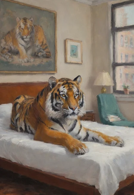 impressionist painting of a tiger on the foot of my bed in my cramped NYC apartment
