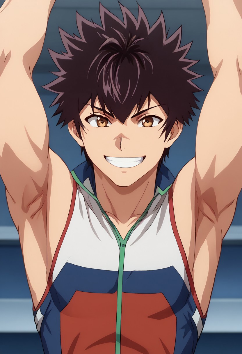 high resolution, solo, best quality, 1Boy, Kanata Hoshijima, Black hair, Brown Eyes, Arms raised in victory, wide smile, triumphant, proud,