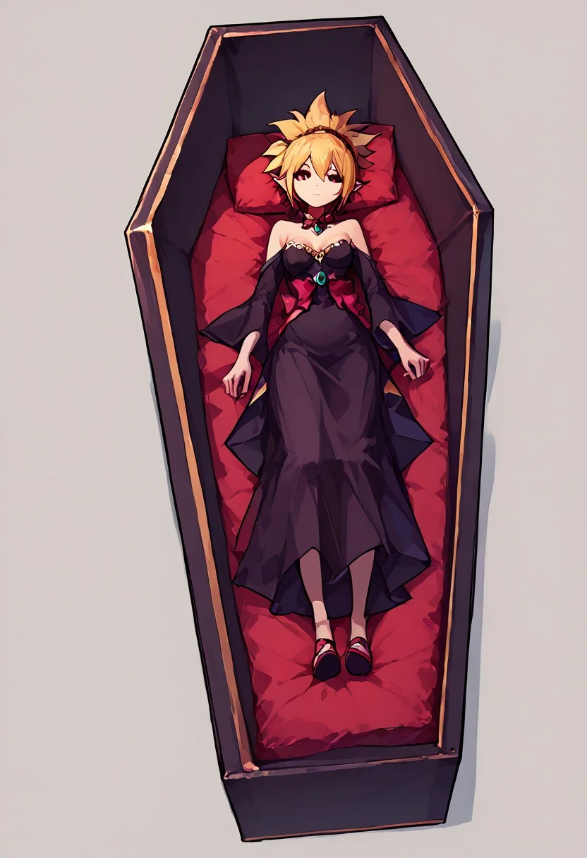 score_9,score_8_up,score_7_up,source_anime,hexcoffin,1girl,lying,rozalin,breasts,full body,dutch angle,pillow,simple background,nsfw,blonde hair,clear eyes,<lora:coffin_pony_v2-12:1>,
