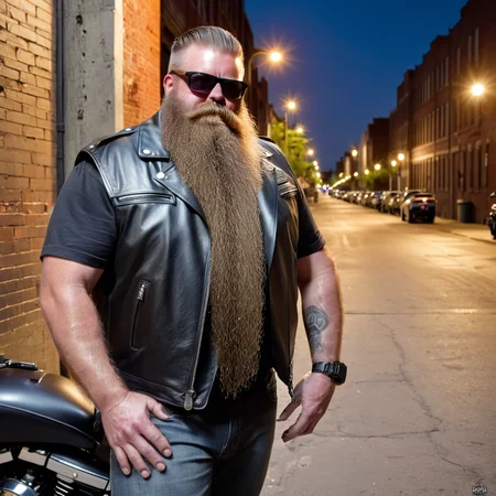(powerbeard: 1.5), bara, blker, leatherman, tall, burly, muscular, fat, shades, black leather,leaning against motorbike, harley davidson, dingy city back alley, grime, street lights, night, shadows <lora:Power_Beards:1.>