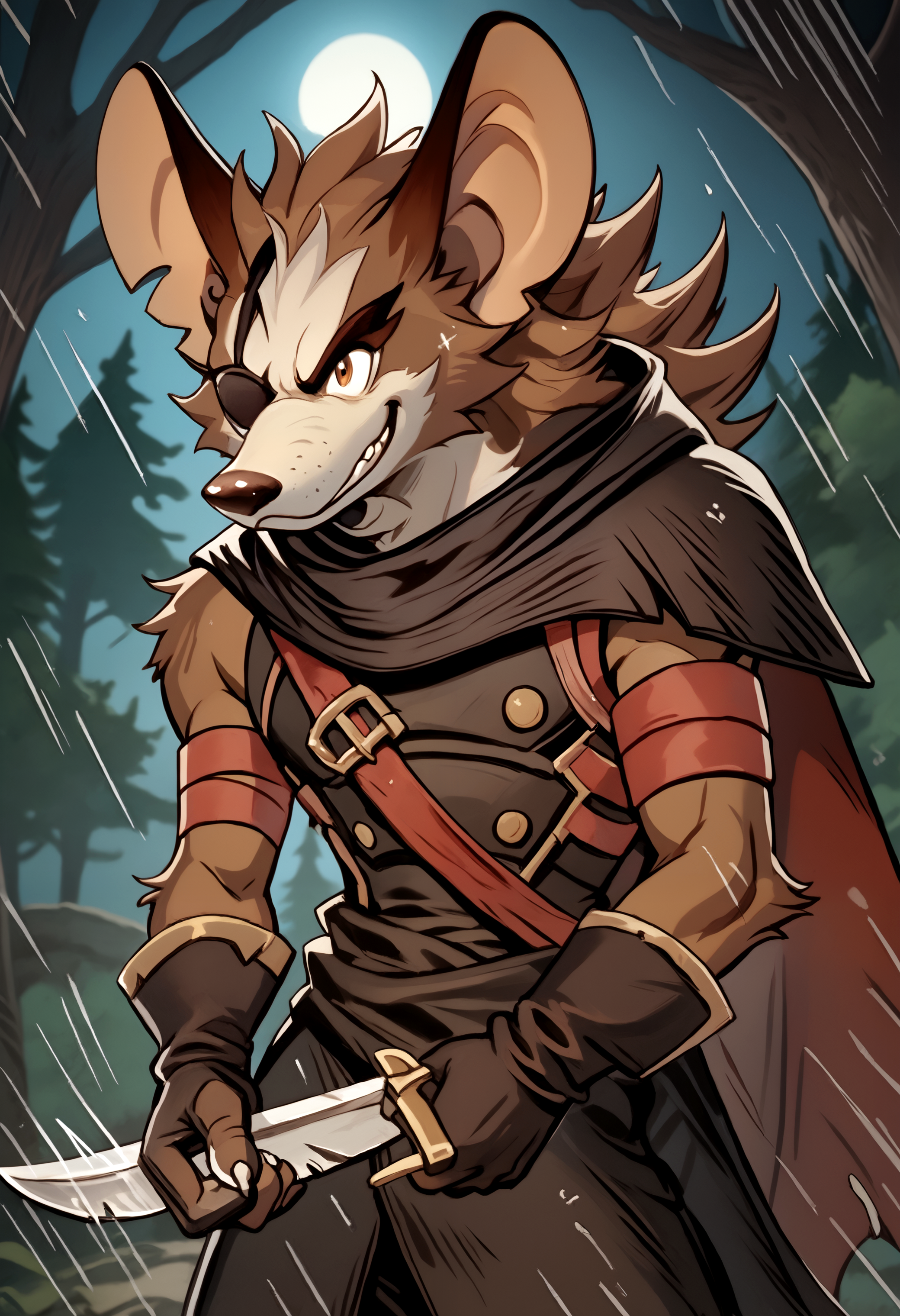 score_9, score_8_up, score_7_up,8k, detailed design, detailed background, detailed characters, masterpiece, anthro only, furry only, 1boy, solo,  <lora:VurkAFK_Arena-000001>, vurk, rat boy, furry male, brown fur, eyepatch, gold tooth, cape, armband, gloves, imminent attack, incoming attack, attack, emphasis lines, holding knife,  outside, night, forest,