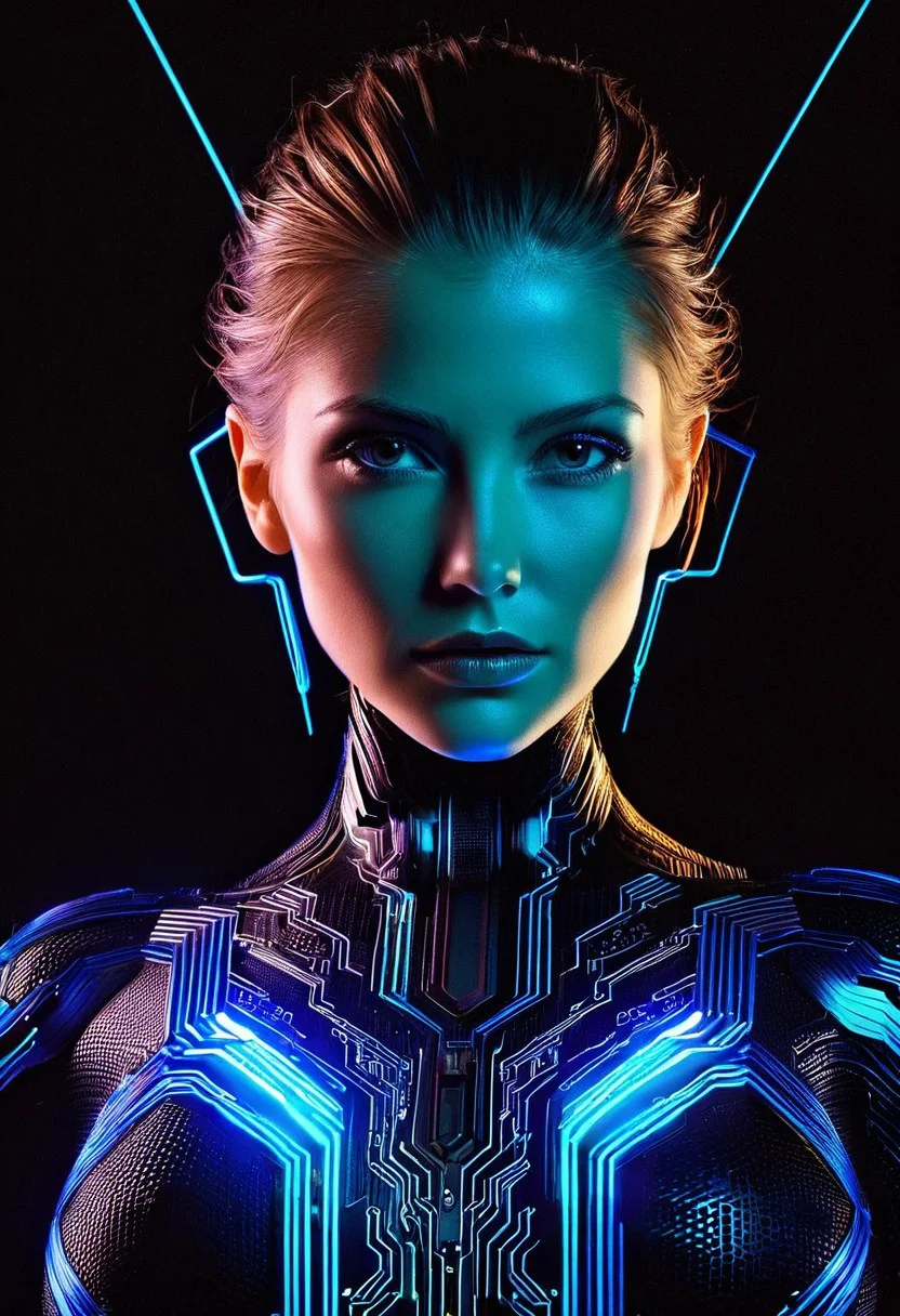 A lone woman, hyper-realistic and intricately detailed, fills the frame with her upper body, adorned in a circuit-inspired outfit that blends organic and synthetic elements, with glowing blue wires and microchips embedded in her skin, set against a dark, gradient background with soft, cinematic lighting, in the style of a futuristic digital painting, with a slight shoulder-angle camera perspective, emphasizing her enigmatic gaze and the mesmerizing, high-tech attire that seems to pulse with an inner light.