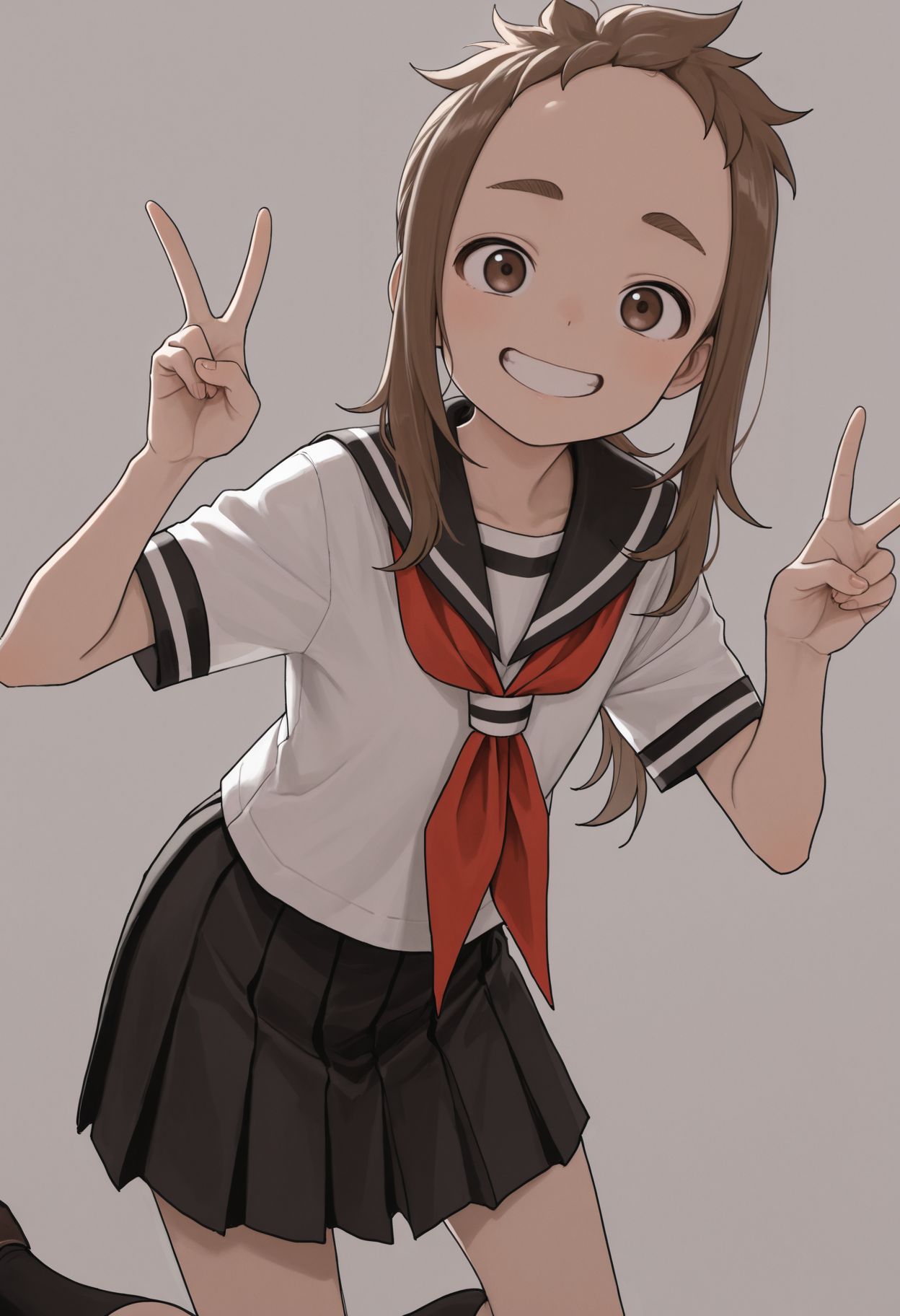 masterpiece,best quality,absurdres,highres,very aesthetic,high quality,detailed,insanely detailed,beautiful,perfect lighting, looking at viewer, looking at viewer, 
 <lora:Hibino Mina illu:1> 1girl, smile, double v, school uniform, pleated skirt, white background, red neckerchief, serafuku, simple background, black sailor collar, looking at viewer, grin, jaggy lines, short sleeves, brown hair, brown eyes, long hair, white shirt, hands up, black socks, thick eyebrows, black skirt, ponytail, forehead