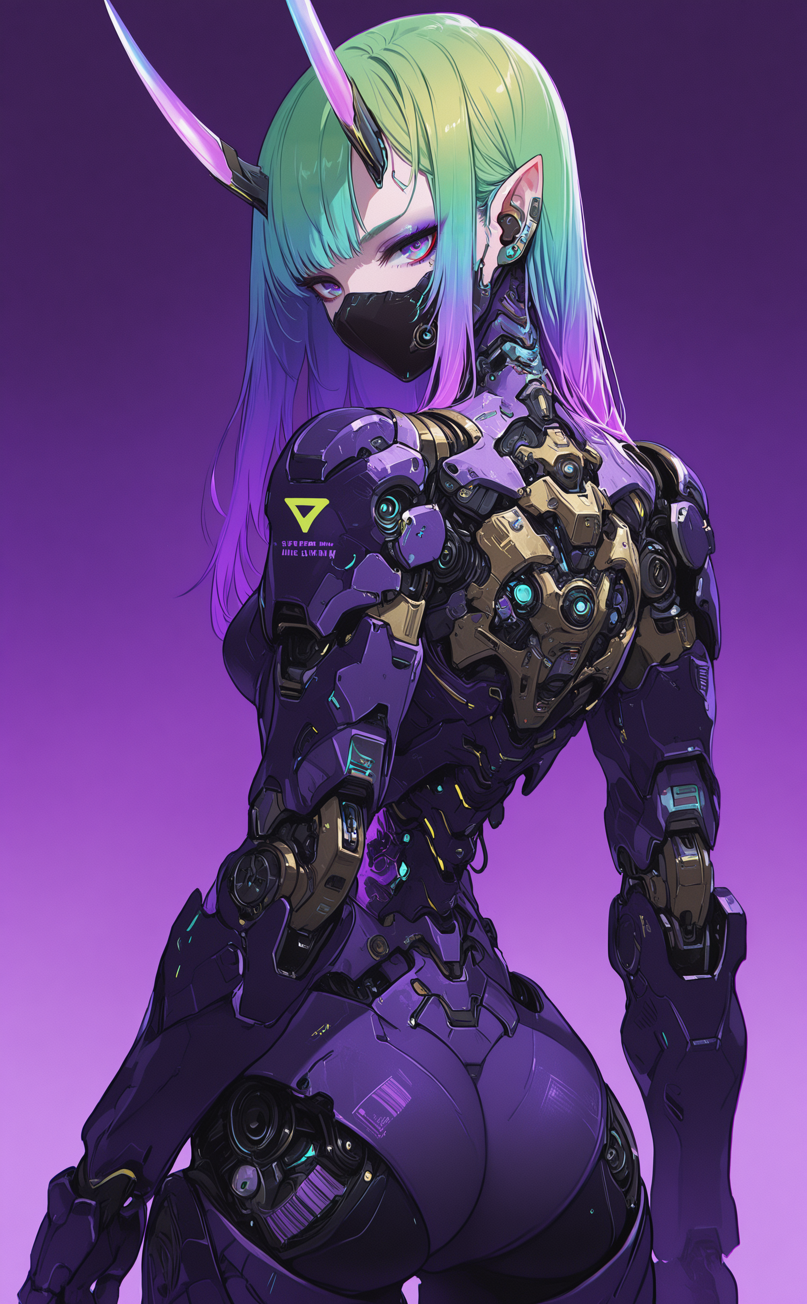 masterpiece, best quality, amazing quality, 1girl, solo, long hair, looking at viewer, purple hair, multicolored hair, horns, green hair, pointy ears, looking back, from behind, gradient background, gradient hair, makeup, mask, eyeshadow, science fiction, purple background, mouth mask, covered mouth, android, cyborg, barcode, mechanical parts, cyberpunk, rainbow hair, 0__11Xx_illu,
15546+456868,
hkmecha <lora:noobai_ep11_stabilizer_v0.138_fp16:0.3> <lora:NOOB_vp1_detailer_by_volnovik_v1:0.3> <lora:MechaKnightsIL:0.6> <lora:114558v4df2fsdf5:0.6> <lora:mon_monmon2133:0.5> <lora:0__11Xx:0.5>