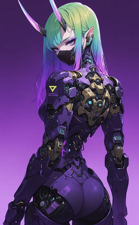 masterpiece, best quality, amazing quality, 1girl, solo, long hair, looking at viewer, purple hair, multicolored hair, horns, green hair, pointy ears, looking back, from behind, gradient background, gradient hair, makeup, mask, eyeshadow, science fiction, purple background, mouth mask, covered mouth, android, cyborg, barcode, mechanical parts, cyberpunk, rainbow hair, 0__11Xx_illu,
15546+456868,
hkmecha <lora:noobai_ep11_stabilizer_v0.138_fp16:0.3> <lora:NOOB_vp1_detailer_by_volnovik_v1:0.3> <lora:MechaKnightsIL:0.6> <lora:114558v4df2fsdf5:0.6> <lora:mon_monmon2133:0.5> <lora:0__11Xx:0.5>
