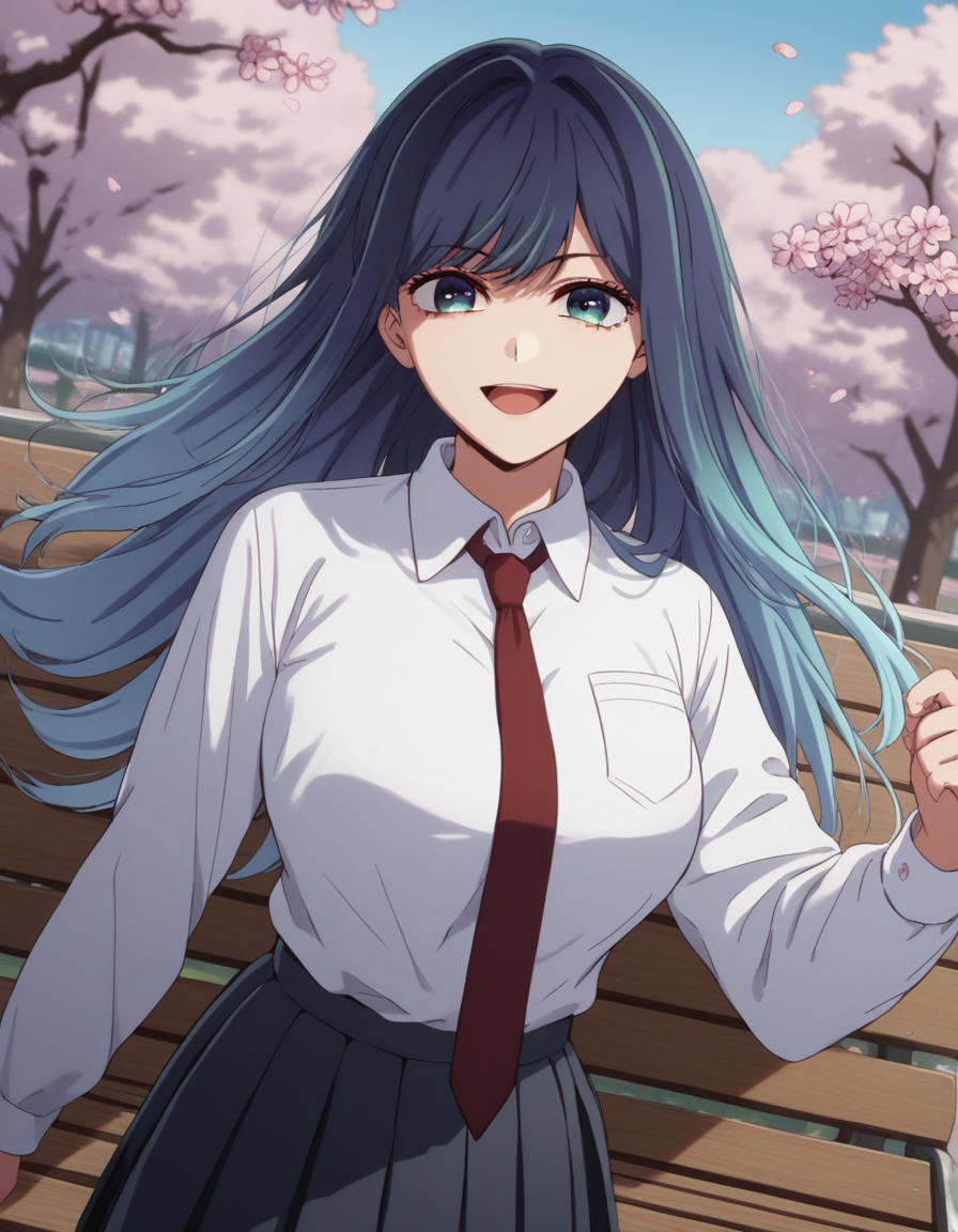 score_9, score_8_up, score_7_up, source_anime, <lora:akane-kurokawa-s2-ponyxl-lora-nochekaiser:1>, akane kurokawa, long hair, bangs, blue eyes, large breasts, black hair, blue hair, multicolored hair, gradient hair,, skirt, shirt, long sleeves, school uniform, white shirt, pleated skirt, necktie, collared shirt, black skirt, red necktie,, park, cherry blossoms, bench, gentle breeze, peaceful, running, open mouth,, smile, looking at viewer, smug, solo,, cowboy shot, dutch angle,