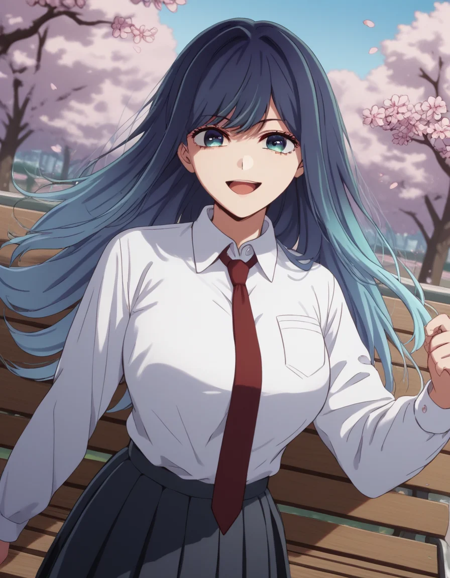 score_9, score_8_up, score_7_up, source_anime, <lora:akane-kurokawa-s2-ponyxl-lora-nochekaiser:1>, akane kurokawa, long hair, bangs, blue eyes, large breasts, black hair, blue hair, multicolored hair, gradient hair,, skirt, shirt, long sleeves, school uniform, white shirt, pleated skirt, necktie, collared shirt, black skirt, red necktie,, park, cherry blossoms, bench, gentle breeze, peaceful, running, open mouth,, smile, looking at viewer, smug, solo,, cowboy shot, dutch angle,