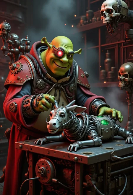 Shrek, dressed as an Adeptus Mechanicus tech-priest, works on a cybernetic Donkey, unmistakably the wisecracking character from Shrek, in a grimdark, gothic workshop. Shrek wears a tattered red robe with cog symbols, mechanical arms, a glowing red eyepiece, and cables running from implants. Donkey lies on a metal table, his iconic wide grin still visible despite his transformation, with bionic limbs and glowing green energy cores replacing parts of his body. The workshop is filled with towering shelves of parts, hovering servo-skulls, and sparking tools, bathed in flickering red light and rising steam, blending Shrek’s charm with Warhammer 40K’s dark aesthetic