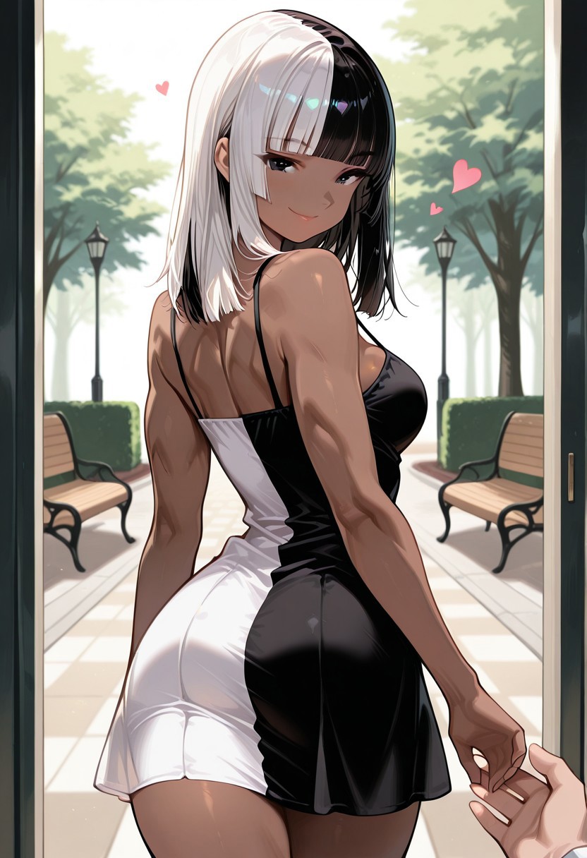 masterpiece, best quality, 32k, high resolution, absurdres, Linda, LindaRH,  1girl, hime cut, blunt bangs, medium hair, split color hair [black-white], straight hair, dark eyes, cute face, perfect body, medium breasts, slender, dark skin, dark tanned skin, cowboy shot, toned,  aesthetic, perfect body, looking at the viewer, flirty, short sundress, dual color dress [black-white], checkered pattern dress. little smile, park, date POV, giving hand, back view, from behind shot, heart