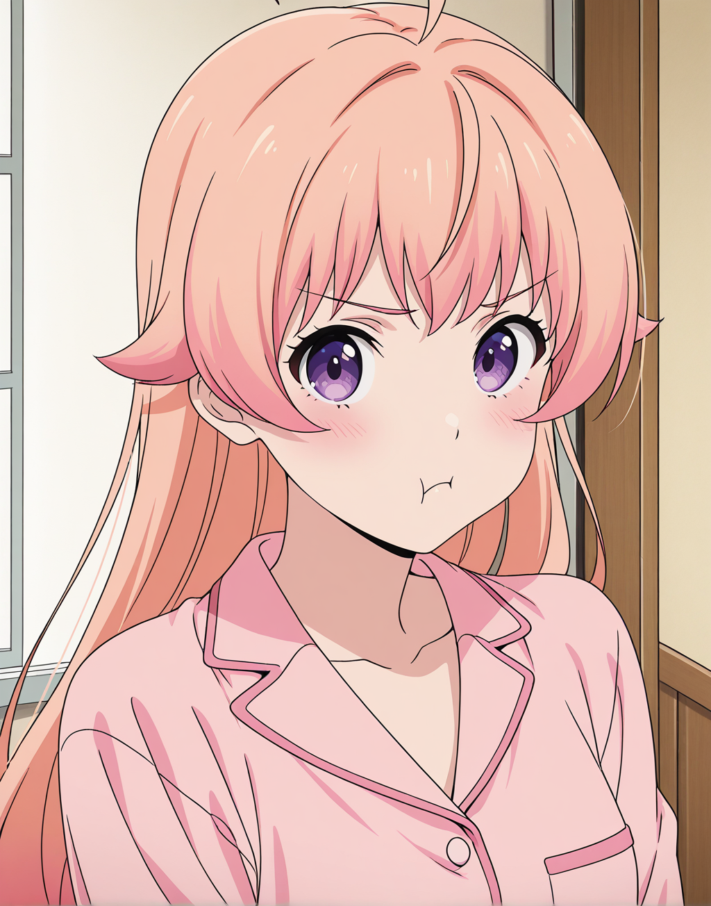 NicoW, peach hair, pink pajama shirt, 1girl, ahoge, solo, purple eyes, looking at viewer, long hair, pout, collarbone, bangs, indoors, collar, pink pajamas, technicolor, detailed, 4k, best quality, masterpiece, intricate details, intricate colors, illustration, cinematic, cinematic shading, ray tracing, anime,anime screencap, anime coloring, anime screenshot,